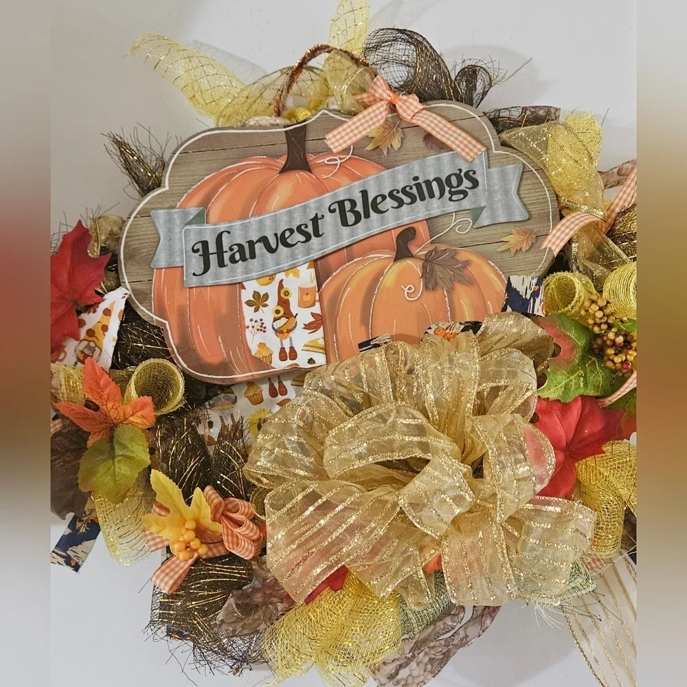 Hand Crafted handmade holiday wreath Harvest Blessings Gnome fabric plaid ribbon